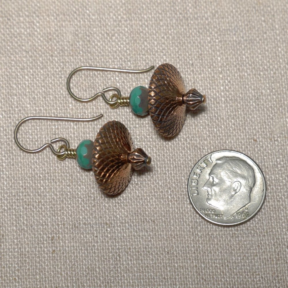 Hand Crafted Handmade Earrings Teal & Copper UFO Saucer Bead Earrings - Picture 3 of 4